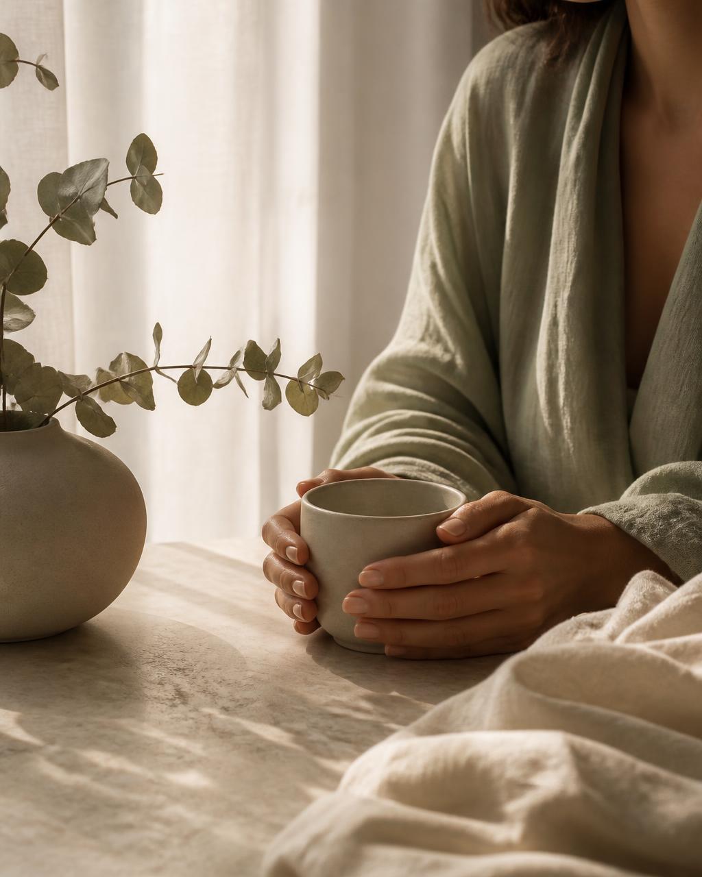 Momento di calma: mani che stringono una tazza di ceramica nella luce del mattino